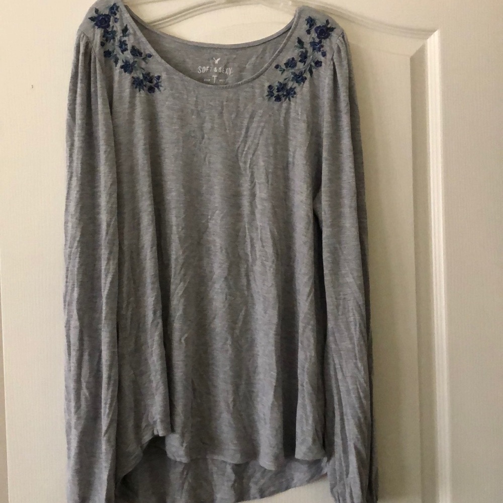 Gray long sleeve blouse with blue flowers